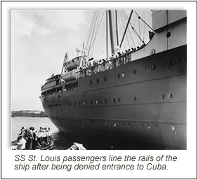 SS St. Louis passengers line the rails of the ship after being denied entrance to Cuba.