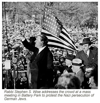 Rabbi Stephen S. Wise addresses the crowd at a mass meeting in Battery Park to protest the Nazi persecution of German Jews.  The meeting followed a protest march through lower Manhattan in which an estimated 100,000 people took part.